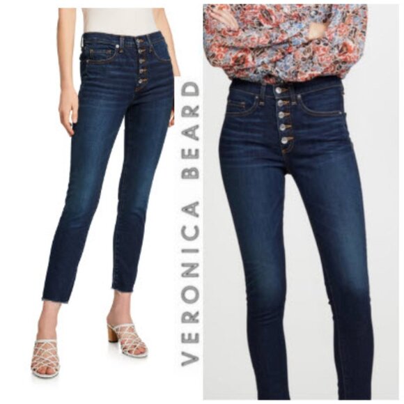 Veronica Beard Denim - Veronica Beard Debbie High-Rise Skinny Jeans Button Fly Dark Wash Raw Hem 27